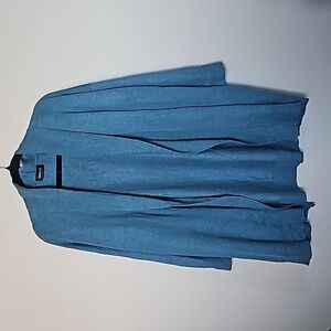 Eskandar Lagenlook Coastal Grandma  shawl collar open front cardigan Lyons Blue